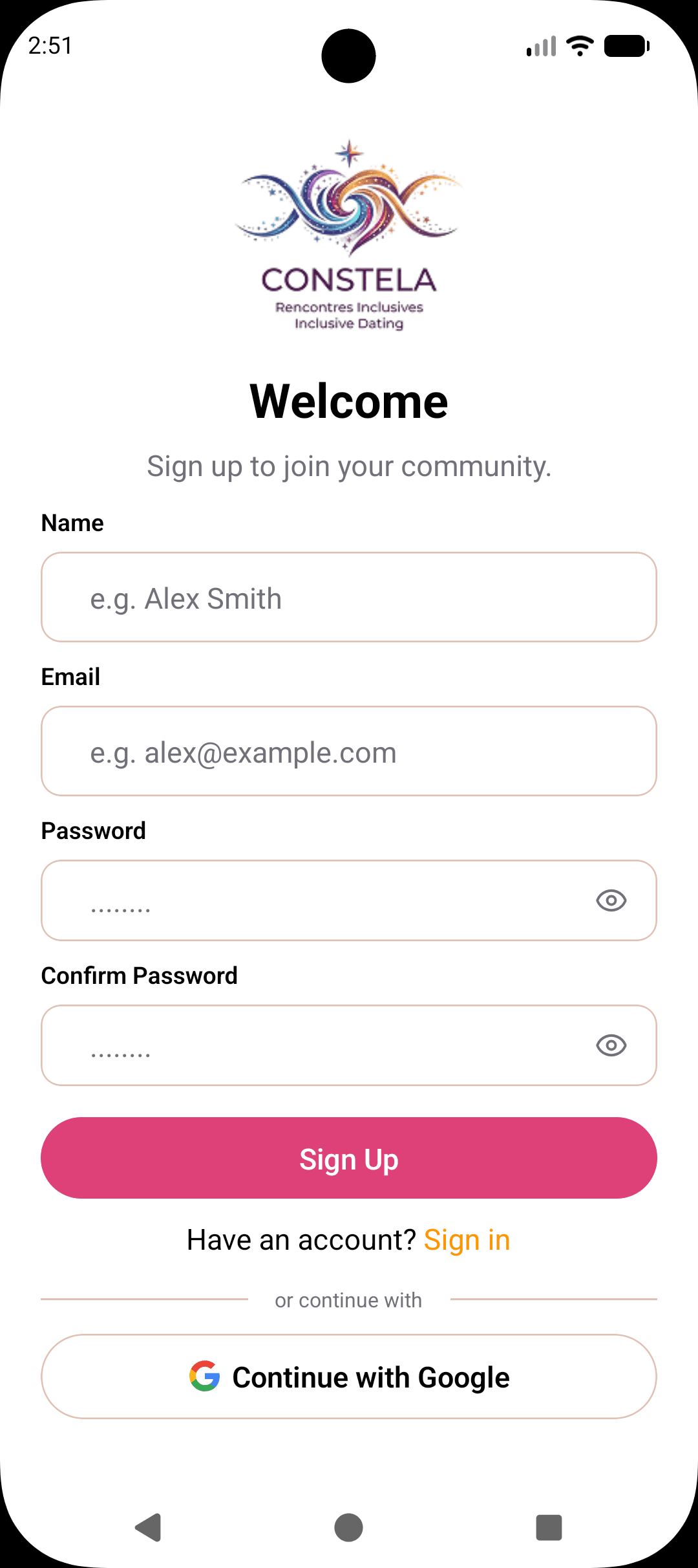 Constela app — match discovery screen
