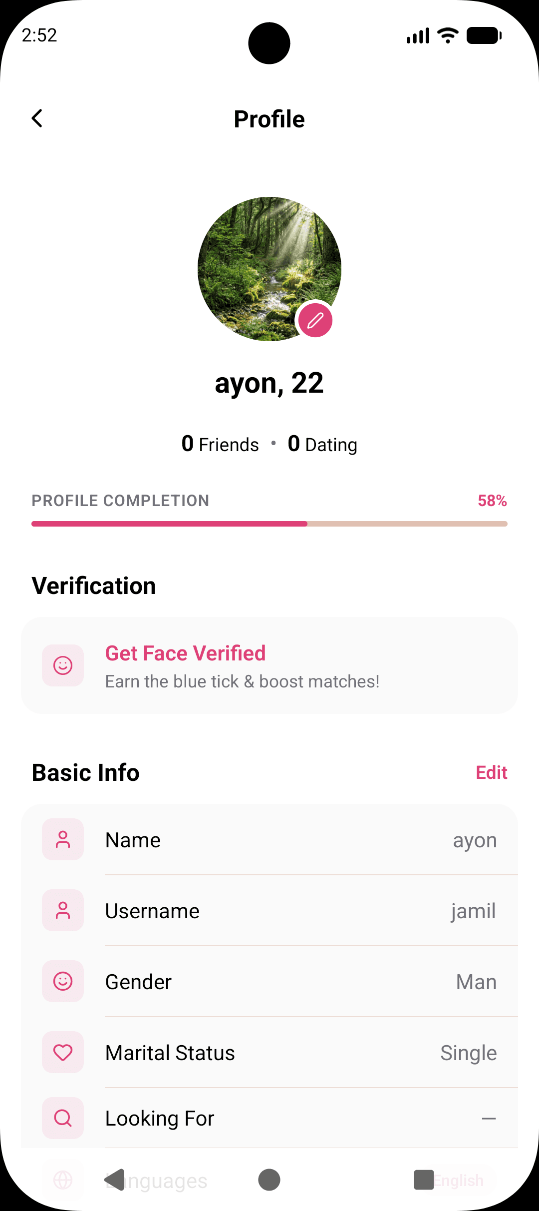 Constela app — sensory preferences screen